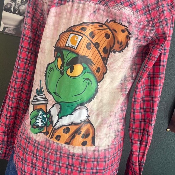 Grinch upcycled Christmas plaid shirt with Starbucks and Carhartt design - Picture 1 of 5